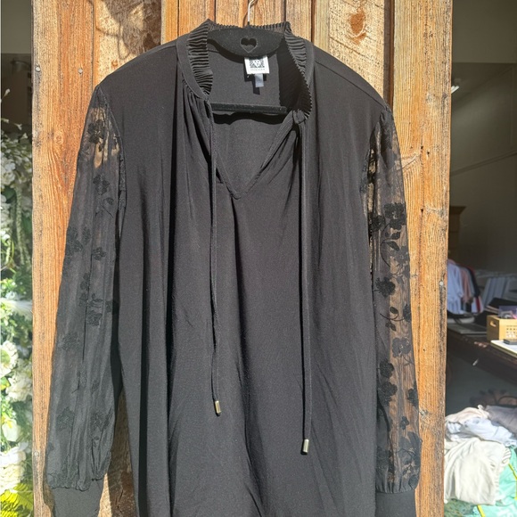 Anne Klein Tops - Anne Klein Black Blouse with Sheer Floral Sleeves